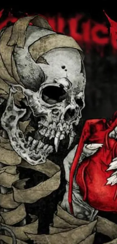 A skeleton holding a red heart on a dark background, perfect for rock-themed wallpaper.