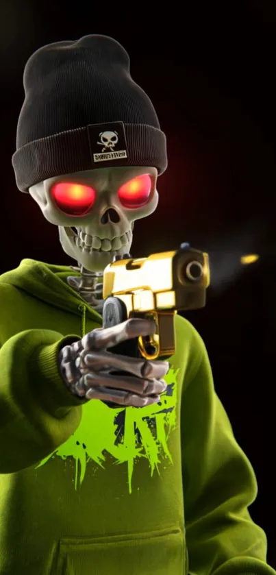 Skeleton in hoodie with neon eyes and gold gun wallpaper.
