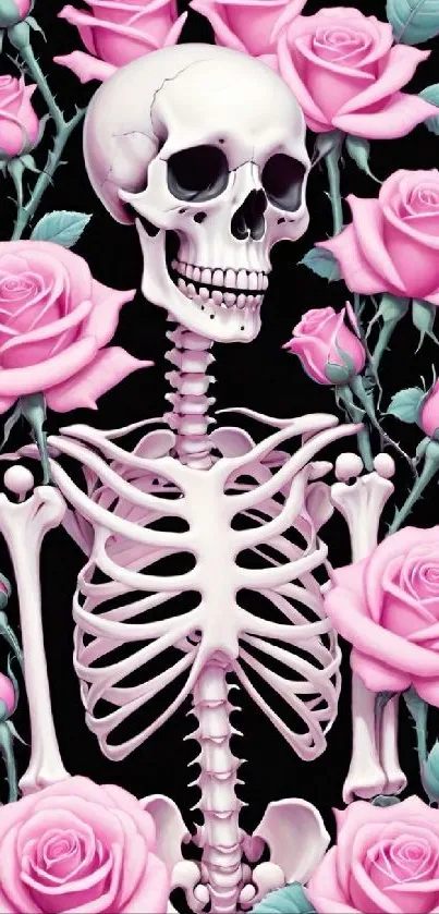 Skeleton with pink roses on dark background wallpaper.