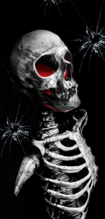 Skeleton with red eyes and cracked glass effect on dark background.