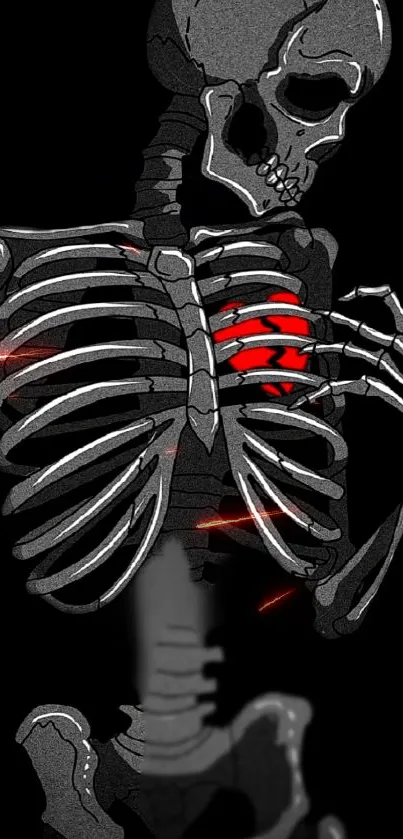 Grayscale skeleton holding a bright red heart.