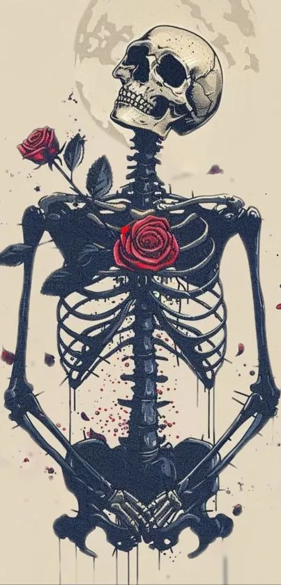 Artistic skeleton with red roses on beige background.