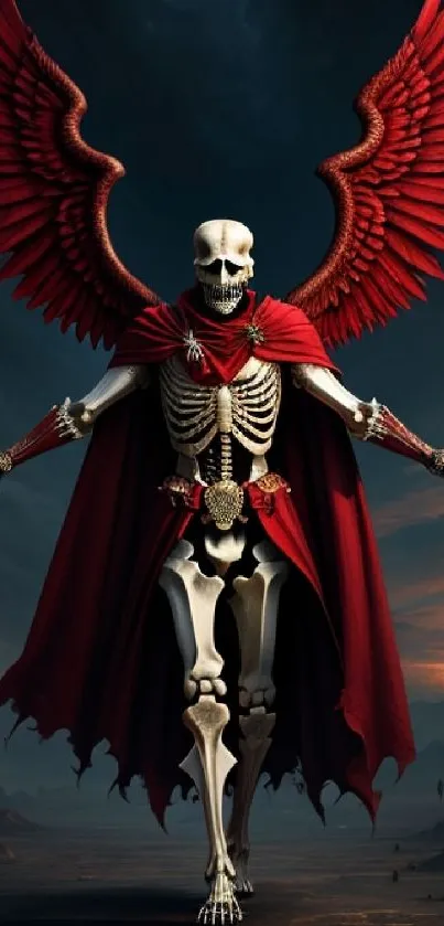 Skeleton with red wings in rocky landscape backdrop.