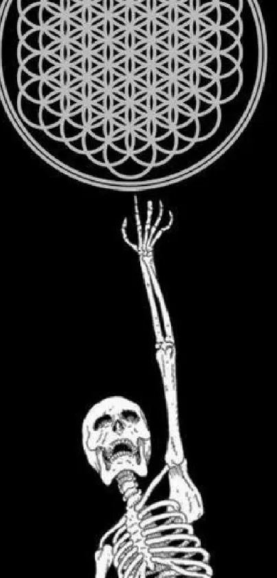 Skeleton reaching for sacred geometry on black background, mobile wallpaper.