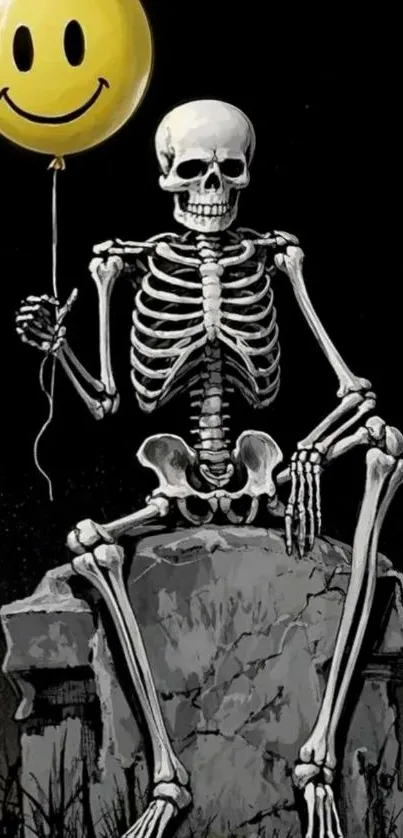 Skeleton holding a smiley balloon in dark setting.