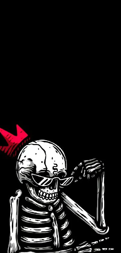 Black wallpaper with a skeleton in sunglasses and a red crown.