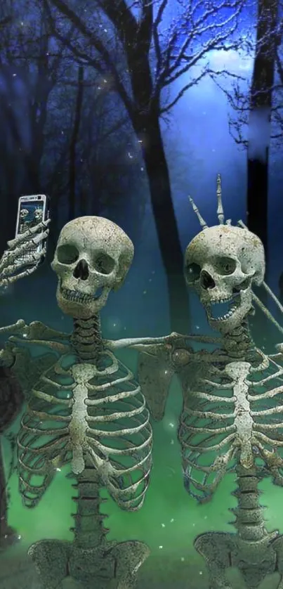 Two skeletons taking a selfie in a spooky, dark forest.