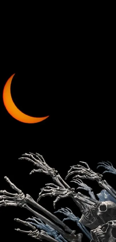 Creepy mobile wallpaper with skeletons and a glowing crescent moon.