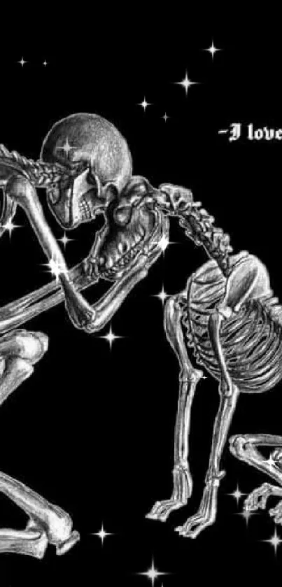 Skeletons embracing on a black background with text 'I love you.'