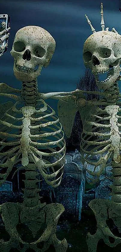 Two skeletons taking selfies in a cemetery at night.