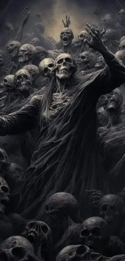 Haunting dark art wallpaper with skeletons in a mystical scene.