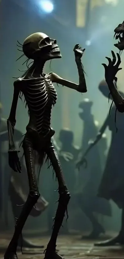 Dark fantasy skeleton art in shadows.