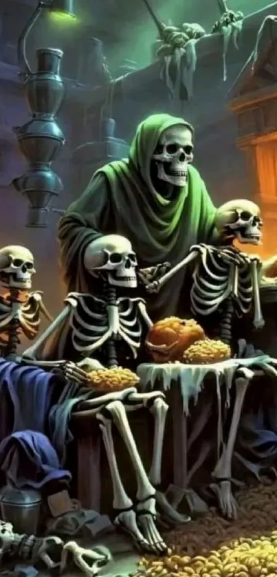 Eerie wallpaper of skeletons in a haunted tavern with golden coins.