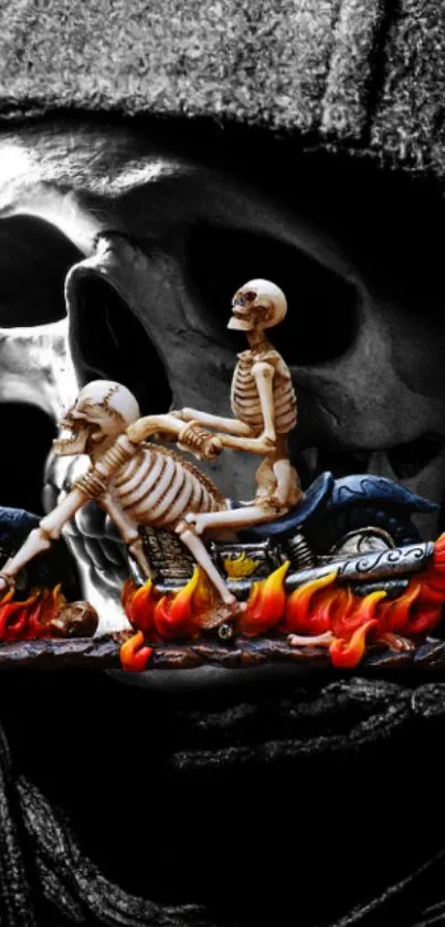 Skeletons ride a fiery motorbike amidst dramatic flames on a dark background.