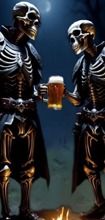 Skeletons in armor clinking beer mugs under a moonlit night.