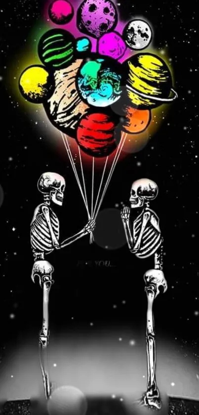 Skeletons holding planet-shaped balloons against starry night backdrop.