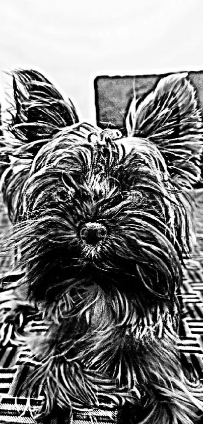 Monochrome sketch art of a small dog on a textured surface.