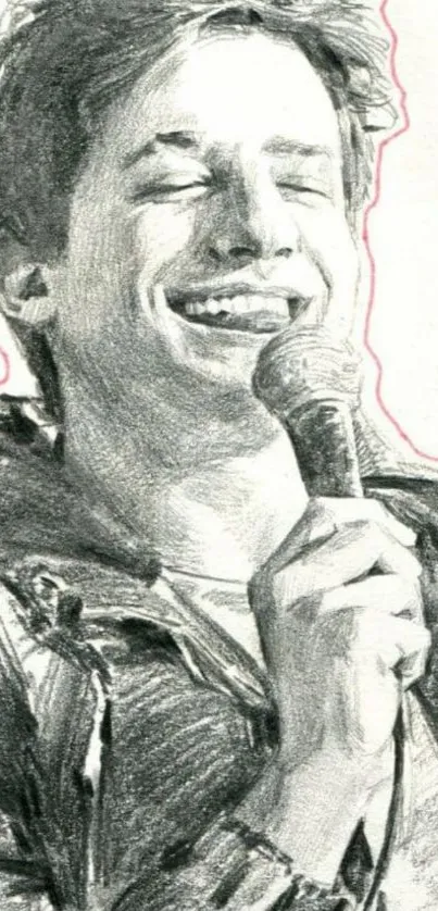 Sketch of a smiling person holding a microphone.