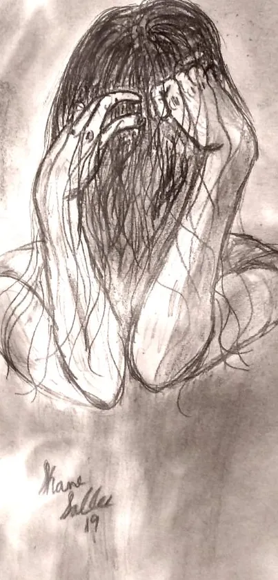 Monochrome sketch of a woman with covered face, conveying emotion.