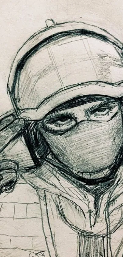 Black and white sketch of a soldier with helmet and tactical gear.