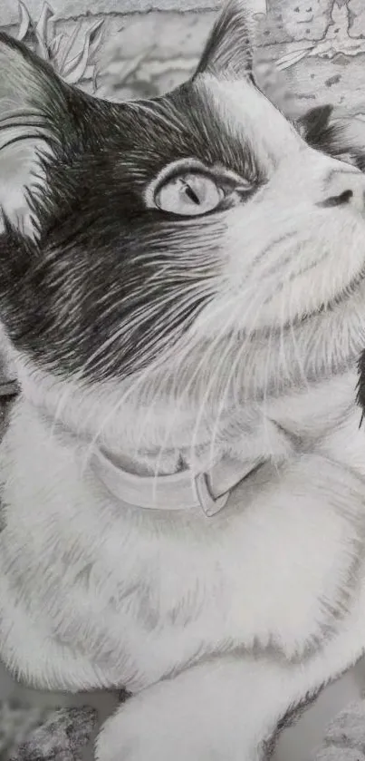 Monochrome sketch of a cat looking upwards with detailed features.