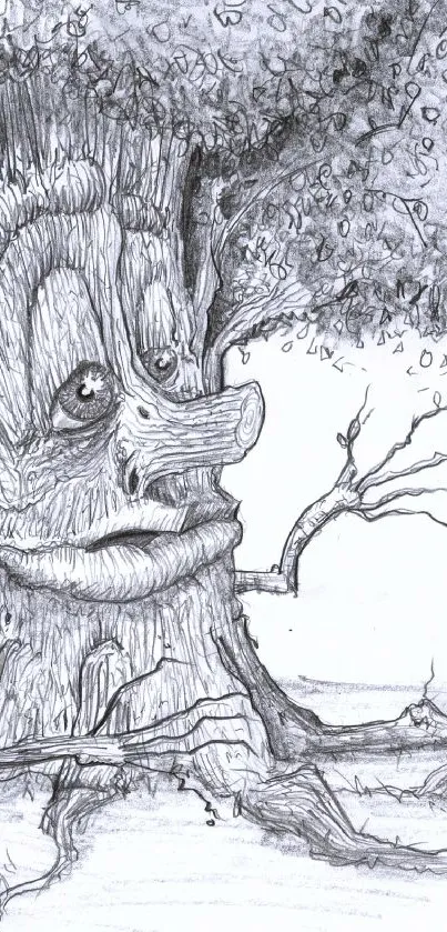 Whimsical tree sketch with a playful face in grayscale.