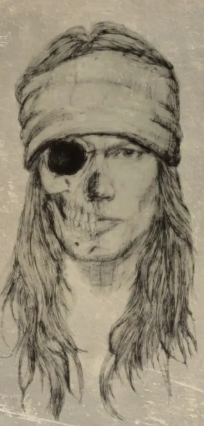 Sketch of a pirate with an eyepatch and long hair on a beige background.