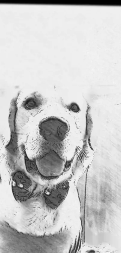 Black and white sketch of a Labrador with a bow tie.