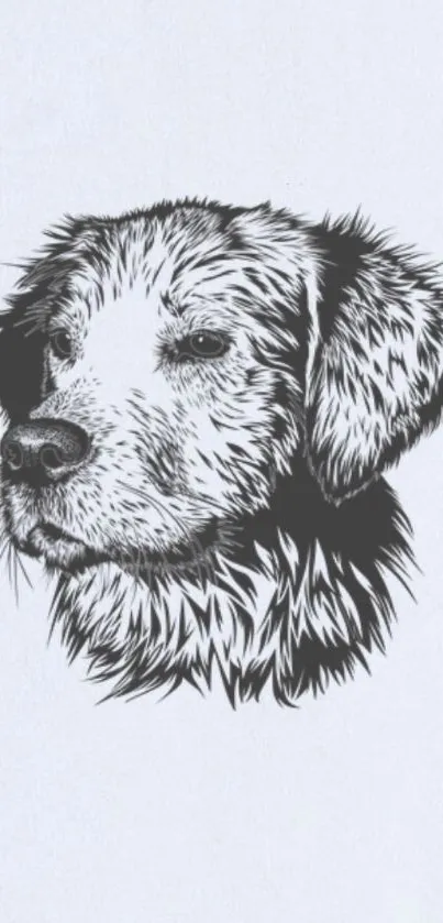 Sketch style dog image in black and white on a light gray background.