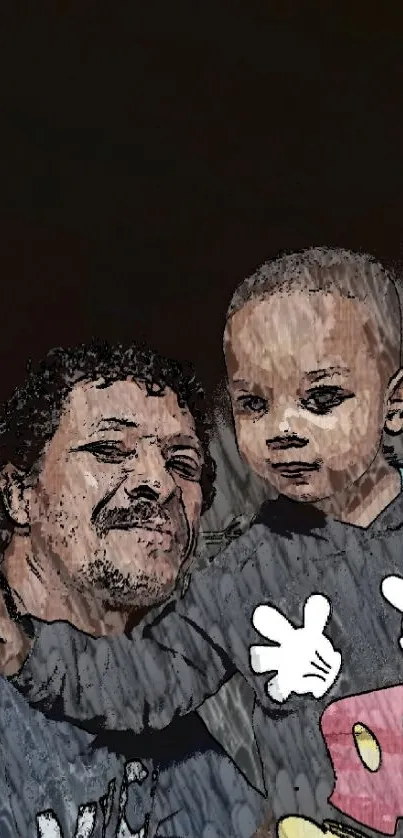 Sketch style portrait of father and son in cartoonish design.