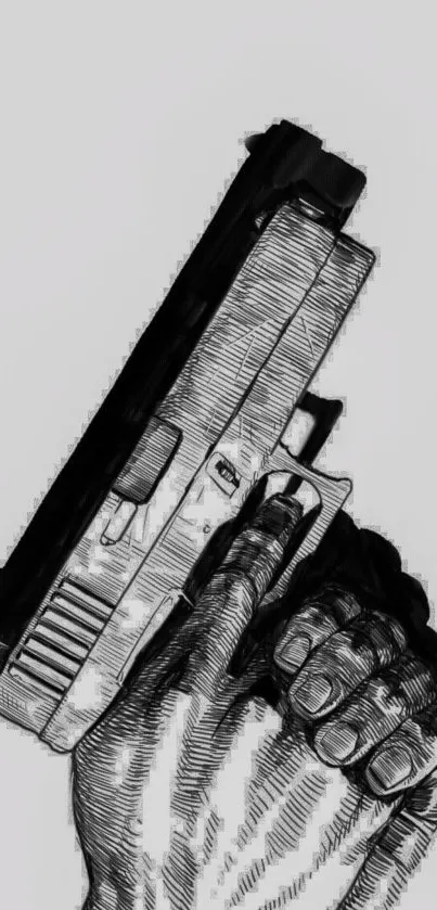 Monochrome sketch of a gun in hand, artistic wallpaper theme.