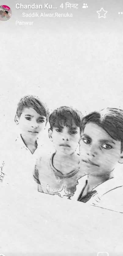 Artistic sketch-style trio portrait in black and white.