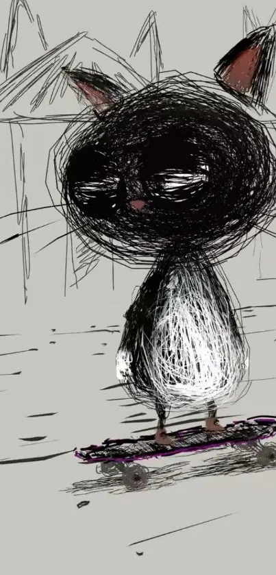 Sketch of a black cat on a skateboard, artistic wallpaper.