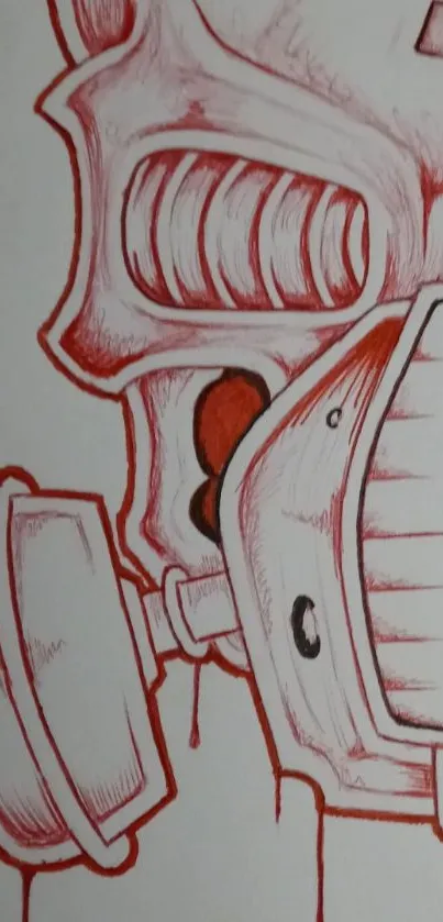 Red and white sketch of a skull wearing a gas mask.