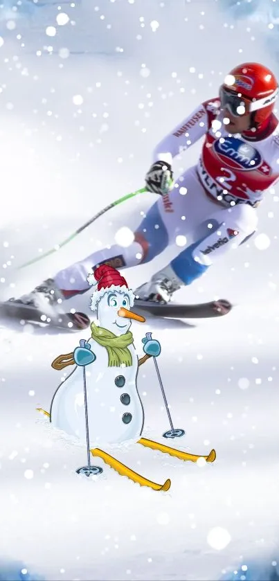 A dynamic skiing scene with a snowman on a snowy mobile wallpaper.