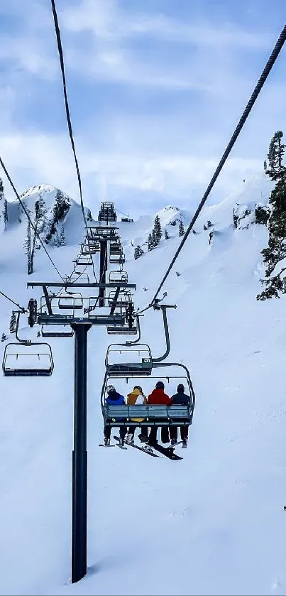 Ski lift ascending snowy mountain landscape with clear blue sky.