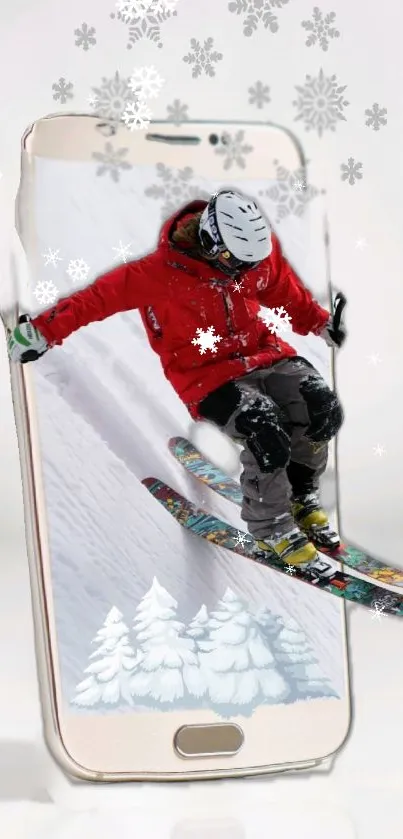 Skier jumps out of phone screen with snowflakes and winter trees in background.