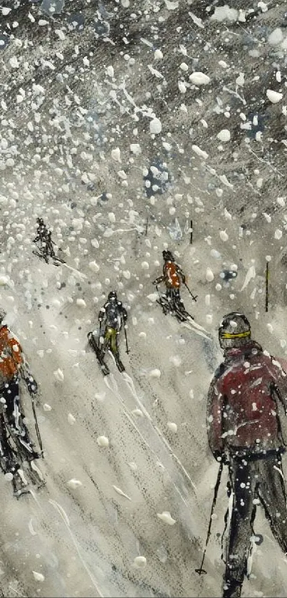 Winter skiing scene with falling snow and skiers.