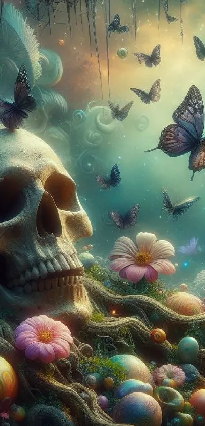 Surreal wallpaper of skull and butterflies in dreamy landscape.