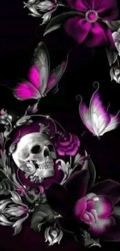 Gothic wallpaper with skull, purple flowers, and butterflies.