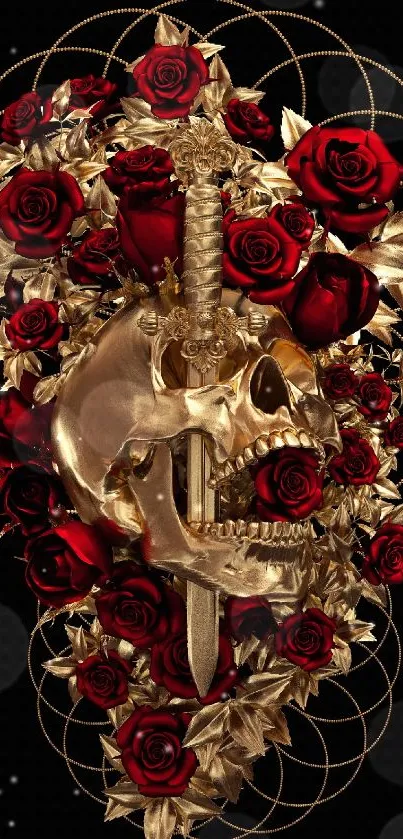 Golden skull with red roses mobile wallpaper