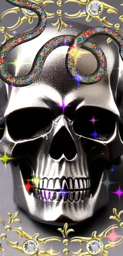 Silver skull with colorful snake and diamond frame.