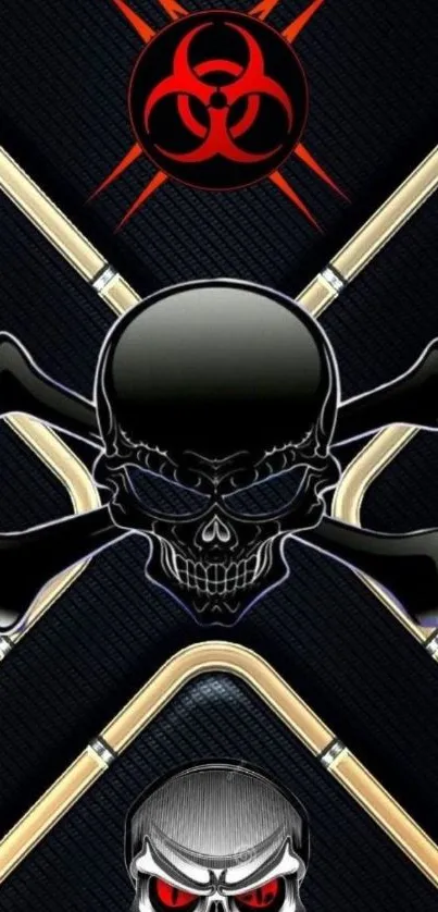 Dark skull and biohazard symbol on wallpaper.