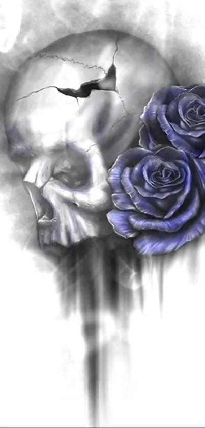 Creepy skull with blue roses on a white background.