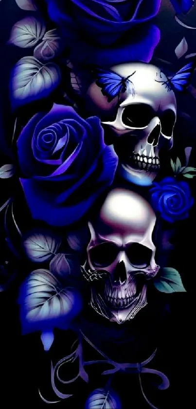 Mobile wallpaper of skulls with blue roses and butterfly accents.