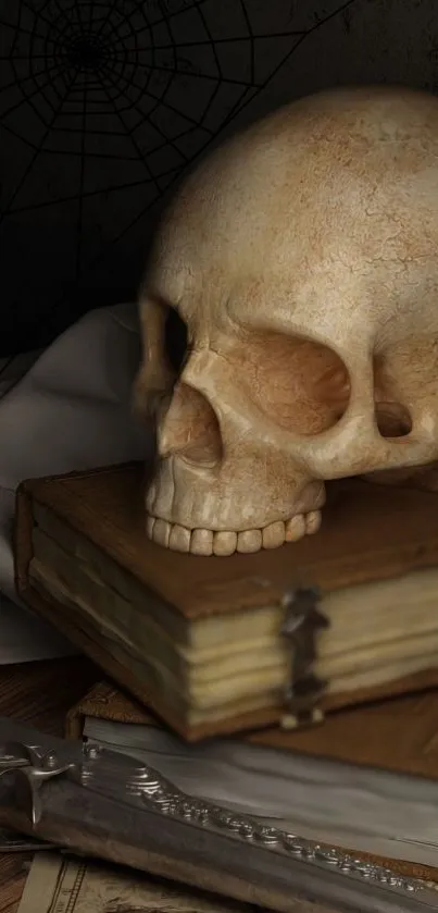 A vintage skull rests on stacked books, exuding a gothic charm.