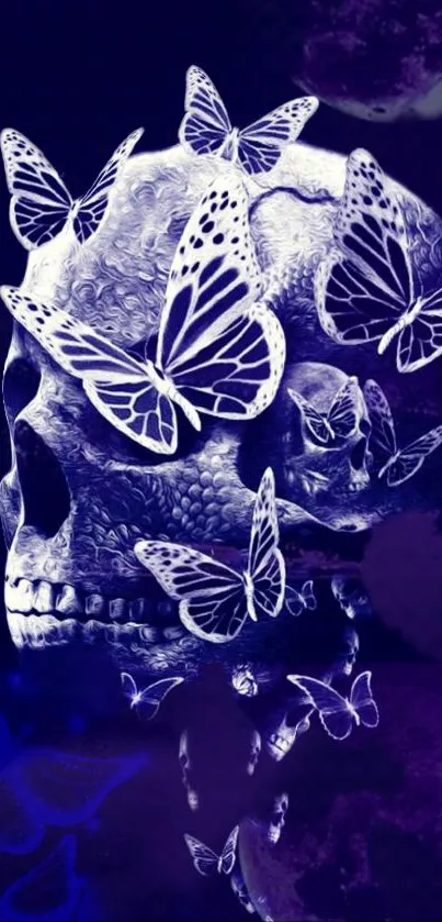 Abstract skull with butterflies in blue and purple tones.