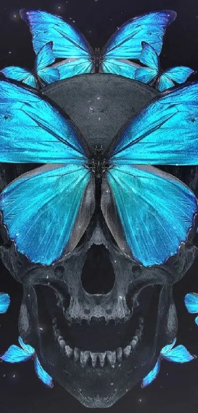 Blue butterflies forming a skull on a black background.