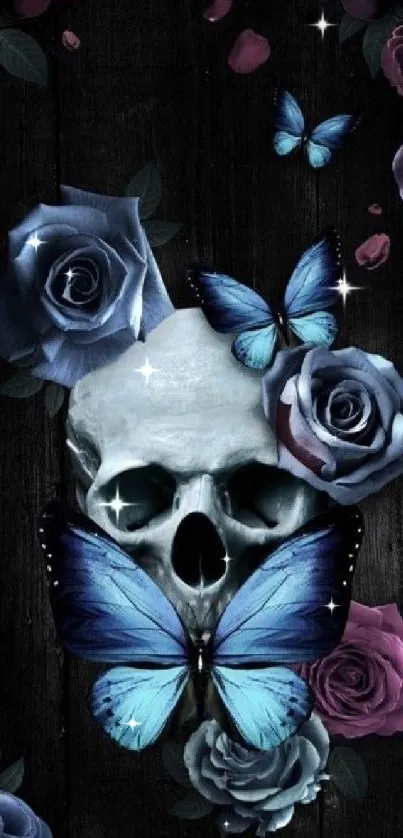 Skull with blue butterflies and roses wallpaper.