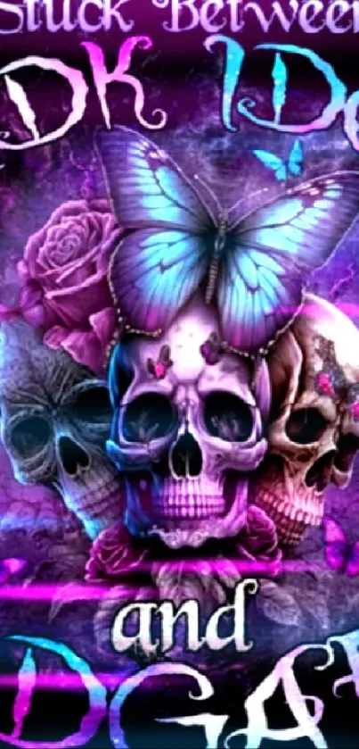 Vibrant skulls and butterflies in abstract purple art design.